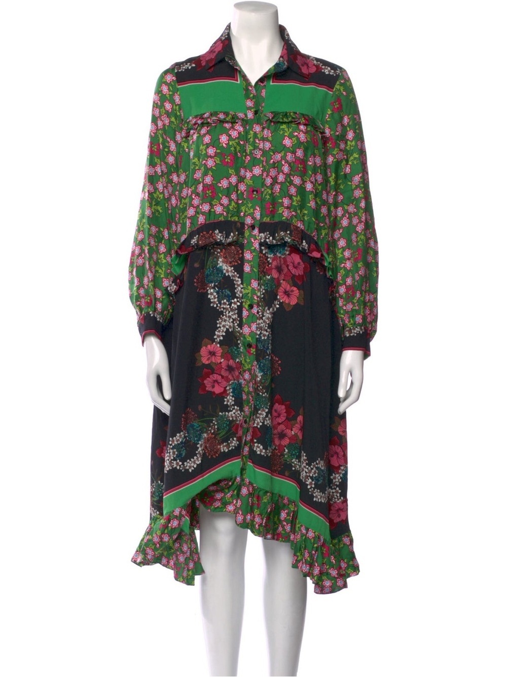 Sandro Paris Silk Dress Green Pink Resort Floral Longsleeve Ruffle FR 34 US 2